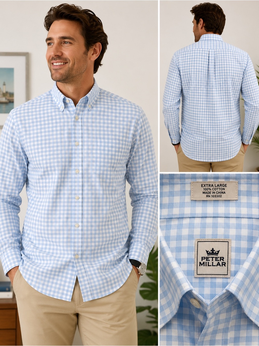 Peter Millar Light Blue and White Gingham Button-Down Shirt